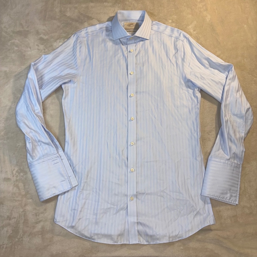 Hawes & Curtis Mens 15.5 35 Fitted Slim Dress Shirt Blue Herringbone French Cuff